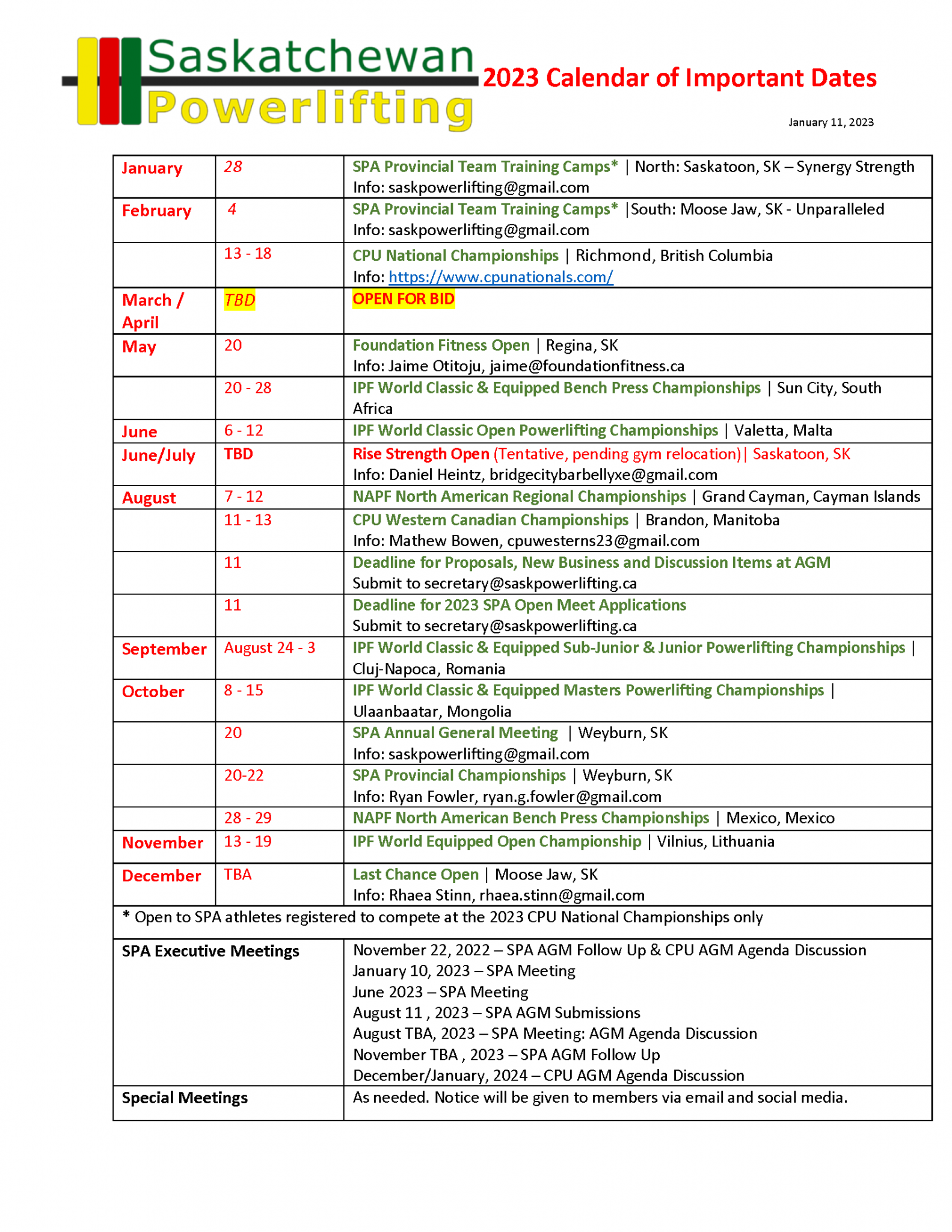 Calendar of Events Saskatchewan Powerlifting Association